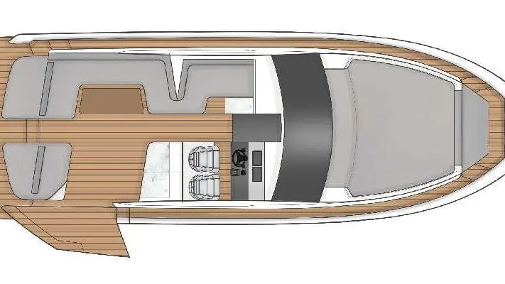 Top view of a modern boat interior featuring seating, a steering area, and wooden flooring design.